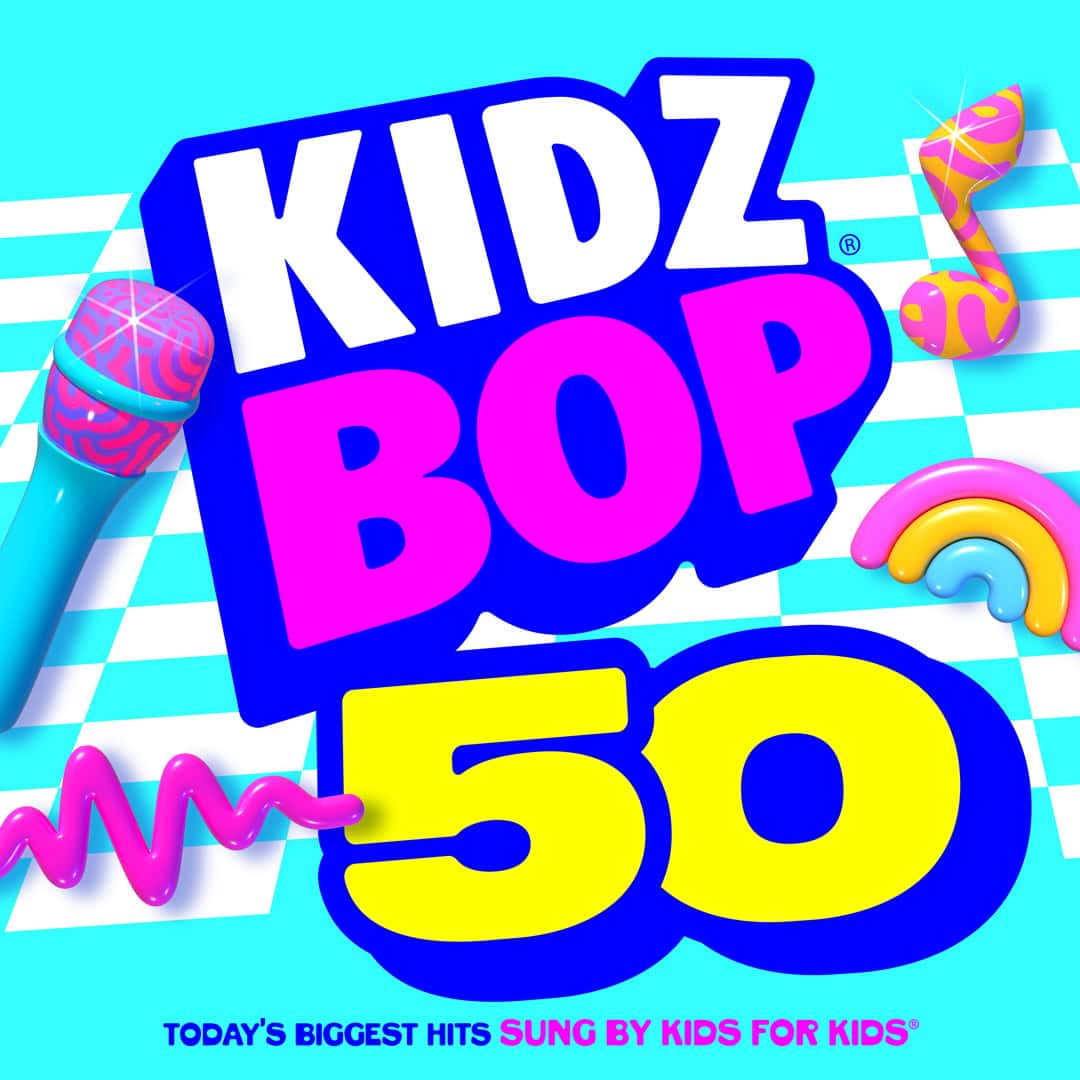 KIDZ BOP 50 album cover art. Colorful artwork featuring the album title and decorative 3D icons of a microphone, soundwave, music note and rainbow.